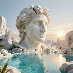 David Friedrich, perfect white balance, scifi landscape, hyperrealistic surrealism, award winning masterpiece with incredible details, epic stunning, infinity pool, a surreal vaporwave liminal space, highly detailed, trending on ArtStation, artgerm and greg rutkowski and alphonse mucha, daily deviation, IAMAG, broken giant marble head statue ruins, golden hour