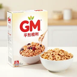 a photo of a box of a cereal brand named gm and a bowl of cereals, - h 6 4 0