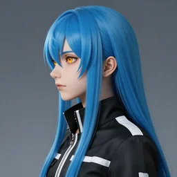 profile shot of rimuru tempest, sky blue, straight hair, long bangs, amber eyes, wearing a black jacket!! with white stripes, high collar, highly detailed, unreal engine 5, digital painting, cinematic, wlop | artgerm, pixiv, yoshitaka amano, greg rutkowski, ilya kuvshinov, andy warhol