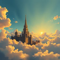 an oil painting of the flying city of columbia from bioshock infinite, flying city in clouds, volumetric lightning, very sunny weather, sunset, positive vibes, soft brush, trending on artstation, detailed, davinci, vermeer, rembrandt, very beautiful