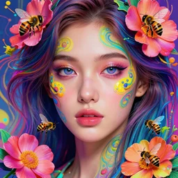 beautiful, young woman, detailed gorgeous face, vaporwave aesthetic, synthwave, colorful, psychedelic, artstation, concept art, smooth, extremely sharp detail, finely tuned detail, ultra high definition, 8 k, unreal engine 5, ultra sharp focus, flowers, bees, illustration, art by artgerm and greg rutkowski and alphonse mucha
