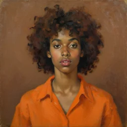 expressive medium shot portrait of a young 8 0 s model black woman with curly brown hair, big lips, wearing an orange shirt, brown background, oil painting, impasto, muted colors, artwork by lucian freud, arnold bocklin