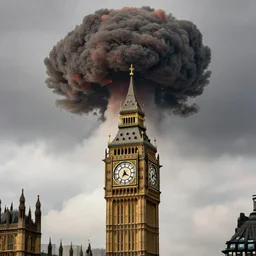 nuclear bomb in london, big ben clock tower, huge mushroom cloud, destruction
