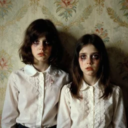 a beautiful and eerie baroque painting of two beautiful but creepy siblings wearing oxford shirts in layers of fear, with haunted eyes and dark hair, 1 9 7 0 s, seventies, wallpaper, a little blood, morning light showing injuries, delicate embellishments, painterly, offset printing technique, by brom, robert henri, walter popp