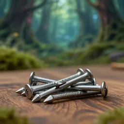 5 5 mm photo of a pile of nails on a wooden table in a magical forest. dof. bokeh. magical atmosphere. art by greg rutkowski. highly detailed 8 k. intricate. lifelike. soft light. nikon d 8 5 0.