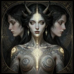 symmetry portrait of lilith, intricate ritualistic tattoos, glowing ceremonial markings, dark, evil, elegant, highly detailed, digital painting, artstation, smooth, sharp focus, illustration, art by nekro borja and greg rutkowski and alphonse mucha
