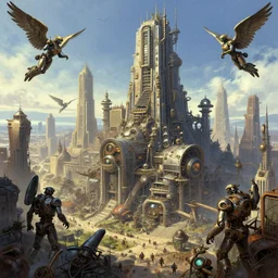 landscape of a steampunk metropolis, majestic, dichotomy, shiny and rusty, robotc angels, high fantasy, by moebius, digital illustration