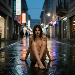 rainy night street photography with neon lights of an italian model sitting on the floor with no clothes in the middle of the street