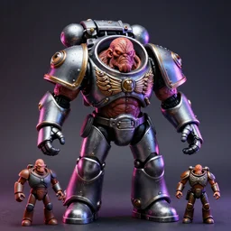 hyperrealistic rendering, flesh monster doom space marine by art of skinner and richard corben and jeff easley, product photography, eyeballs, wet, chrome details, armor, action figure, sofubi, studio lighting, colored gels