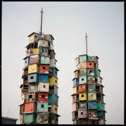 two towers made up of colourful makeshift squatter shacks with faded colours, plain uniform sky at the back, soft focus, mamiya rb 6 7, f 1. 8, photographed by uta barth
