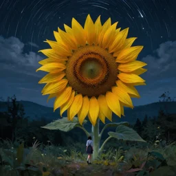giant sunflower head, girl walking in a moonlit forest, hills, surreal photography, dark night, star trails, dramatic light, impressionist painting, clouds, digital painting, artstation, simon stalenhag