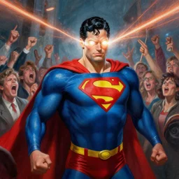 highly detailed painting of superman firing lasers from his eyes into a crowd