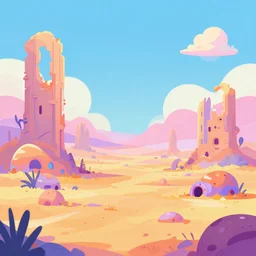 an apocalyptic ruins in mars, pastel, colorful, bright, cartoony, digital art