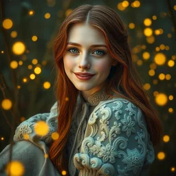 young woman, soft smile, among golden firefly lights, sitting amidst nature fully covered by a intricate detailed dress, long red hair, precise linework, accurate green eyes, small nose with freckles, smooth oval shape face, empathic, expressive emotions, dramatic lights spiritual scene, hyper realistic ultrafine art by artemisia gentileschi, jessica rossier, boris vallejo