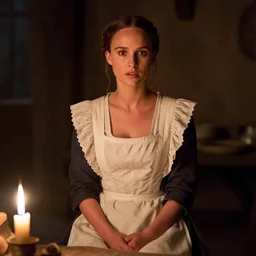 natalie portman as a medieval bar maid in a tavern at night by the candle light
