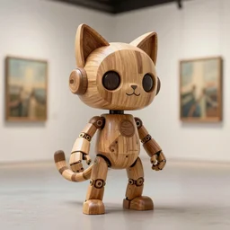 3D octane render ultra 8K photorealistic hyperdetailed unreal engine ,a wooden a very cute mystical robot of the bohemian with cat’s ears in a zen rebelle heroic pose ,concept art ,trending on cgsociety ,artwork masterpiece , in a contemporary art gallery in neo Paris ,by Josan Gonzalez