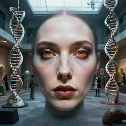 detailed face of a woman with amber eyes in a biomorphic courtyard with dna sculptures at a science expo, atmospheric, ambient, pj crook, syd mead, livia prima, artgerm, greg rutkowski, nick alm, casey baugh