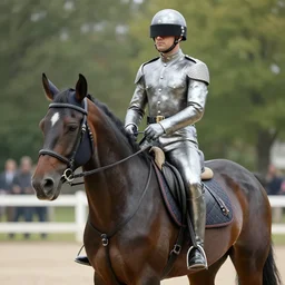 a metallic drill sergeant riding a blindfolded horse