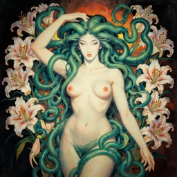 a beautiful painting lovely medusa, surrounding lilies by ukiyo - e award - winning art, andy warhol color, dramatic light, unreal engine