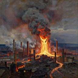 flowing lava melting a industrial city. painting by asher brown durand, caspar david friedrich, thomas cole, monet