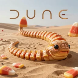 photo of high quality concept art of sandworm from dune (((made of candy corn))), Sigma 24mm f/8