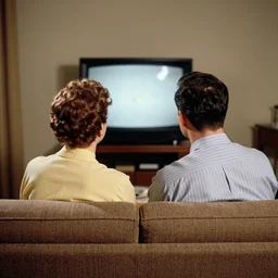a man and a woman are sitting on a couch, they are watching tv, they are photographed from behind, 1 9 5 0 s interior