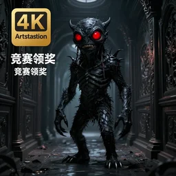[ horrific anthropomorphic pitch black creature with red eyes ]! standing in an [ immensely dark corridor ]!, digital art style, concept art, trending on [ artstation ], contest winner, award winning, 4 k quality