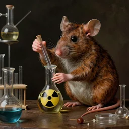 a gentleman mouse performing a chemistry experiment with radioactive beakers, surrounded by glassware, from the future, very very realistic, hyperdetailed, chiaroscuro, renaissance art, intricate textures