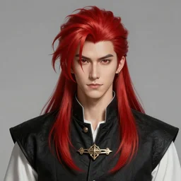 An epic fantasy comic book style portrait painting of young man with long red spiked hair. Wearing a black waistcoat, white shirt, using googles. Blasting fire on his hands. Unreal 5, DAZ, hyperrealistic, octane render, cosplay, RPG portrait, dynamic lighting