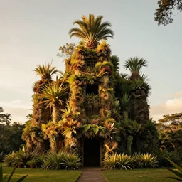 a building made of exotic plants in south america, golden hour, central composition, cinestill 8 0 0 t