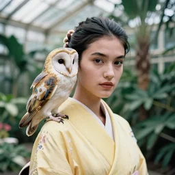 head to shoulder portrait film photograph of an elegant top model wearing a yellow kimono with a very detailed barn owl on her shoulder!!! in a tropical greenhouse. looking at the camera!!. super resolution. 85 mm f1.8 lens.bokeh. graflex. by Simon Stålenhag !  -