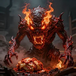 an ominous terrifying being made of kimchi and hatred with sharp teeth and flaming eyes