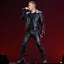 a portrait of a male hard rock singer with short hair wearing a black leather jacket, black leather pants, black gloves and black boots singing into a microphone in front of a dark red and black background, digital art, trending on artstation, hyper detailed, top lighting,