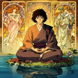 intricately detailed, samurai meditating by a serene reflection pool, feudal japan, intense, vivid complementary colors, beautiful linework, octane render, professional concept art by jonathan hickman, miyamoto mushashi, ghibli, alphonse mucha, reads, ross tran, rutkowski, grenier, octane render, marvel, dc, dnd, cinematic, golden ratio