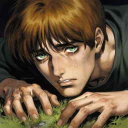 tears stream down the face of a man with light brown hair and green eyes. He clutches the ground in agony. By Katsuhiro Otomo, Frank Frazetta, and Moebius