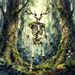 skeletal forest spirit standing in the woods, skull, branch antlers, moss, vines and flowers, high detail, cinematic lighting, anime, manga, watercolor, by greg rutkowski,