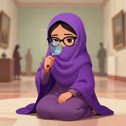 a photograph of a young cute hyderabadi woman with purple niqab and cateye glasses using a magnifying glass sitting on her knees in a museum, by floro dery, shoji kawamori, and greg rutkowski, artstation, concept art, high quality illustration, mtmte, cover art