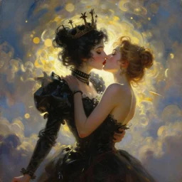 a beautiful oil painting of heaven's just a kiss away, bokeh, black queen, in the style of delphin enjolras, ultrarealistic, dynamic lighting, artstation, hyper realism.
