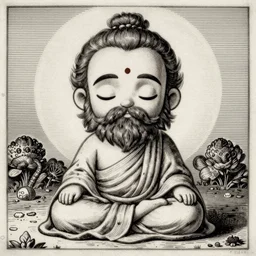 illustration of a chibi bearded meditating sadhu, etching by louis le breton, 1 8 6 9, 1 2 0 0 dpi scan
