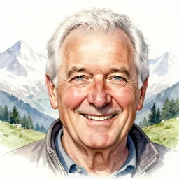 closeup portrait of a smiling friendly elderly man, in the Swiss Alps, mountains in background, watercolor and pen