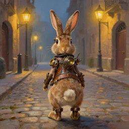 a beautiful painting of a steampunk rabbit standing his back legs on a street paved with cobblestones and warm streetlights, by James Gurney