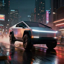 macro closeup photo of combat tesla cybertruck hovering over wet dystopian cyberpunk city streets at night, mad max, action, speed, volumetric lighting, hdr, need for speed, gta 5, forza, ridley scott, makoto shinkai, syd mead, craig mullins, cinematic, fast and furious, blade runner, octane, 8 k, iso 1 0 0, 1 2 mm