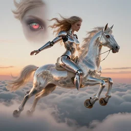 biblical diabolical beautiful female valkyree android, pegasus, jump, rollerblades, heavy eyes to the side, closeup, bright glowing veins, in clouds, sunset, portrait, by gerald brom, by mikhail vrubel, by peter elson, muted colors, extreme detail, reflections, trending on artstation, 8 k