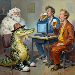 a crocodile with shoes and hat looking at two men in costume drinking beer with computer and joakim ojanen and robert crumb and philip guston, psychological, photorealistic, dripping paint, washy brush, rendered in octane, altermodern, masterpiece