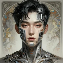 symmetry!! masculine korean man, computer parts embedded into face, intricate, elegant, highly detailed, digital painting, artstation, concept art, smooth, sharp focus, synthwave, cyberpunk, illustration, art by artgerm and greg rutkowski and alphonse mucha, 8 k