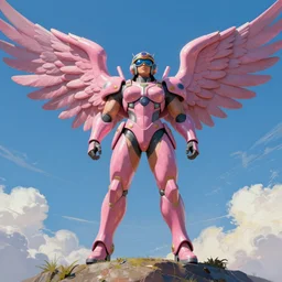 big muscular female pilot standing on the shoulder of a mecha, wearing bubblegum crisis power armor, with large wings, flying into the sky, matte painting, brutalist painting, battle angel, single character full body, illustration, concept art, rule of thirds, centered, Very highly detailed, 8K, octane, Digital painting, the golden ratio, rational painting, sharp