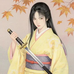 breathtaking detailed pattern pastel colors of uma thurman ( kill bill ) in yellow kimono, with hatori hanzo katana sword and autumn leaves, by hsiao - ron cheng, bizarre compositions, exquisite cinematic detail, enhanced eye detail
