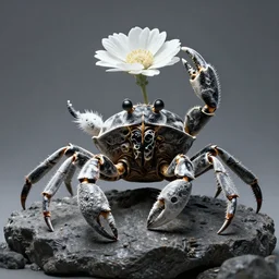 by wesley burt and basil gogos, visually stunning, cinematic, ultra realistic, hyper realism, 1 2 k, epic, octane render, unreal engine, vfx, maya, beetling black and white insect with a white flower on its head : biomorphic, a sculpturesque : subocean sculpture of a crab on a rock