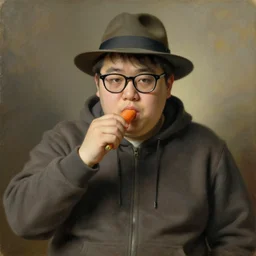 obese sad japanese nerdy guy with glasses wearing a hoodie and a fedora and eating a carrot, painting by gustave courbet