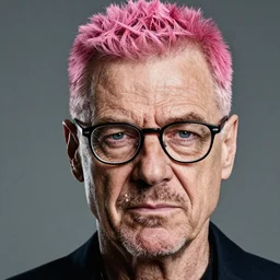portrait of frowning Walter White cyberpunk pink hairstyle with hipster glasses by Mario Testino, headshot, detailed, award winning, Sony a7R